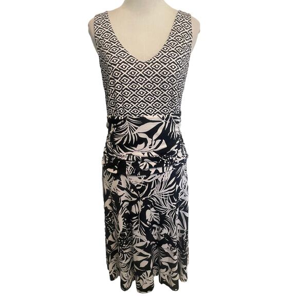 Tommy Bahama Hawaiian Midi Dress Womens Large Black White Mixed Print Knit Aloha - Picture 1 of 8